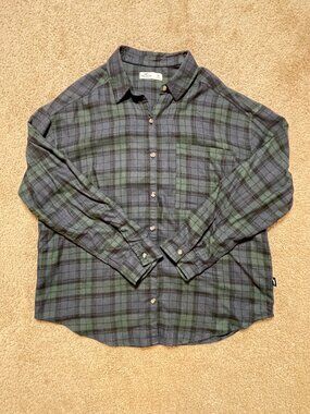 Hollister Dark Green Easy Plaid Flannel Button-Through Shirt